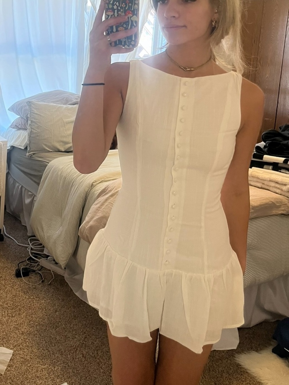 Peppermayo White Button-Front Ruffle Hem Mini Dress